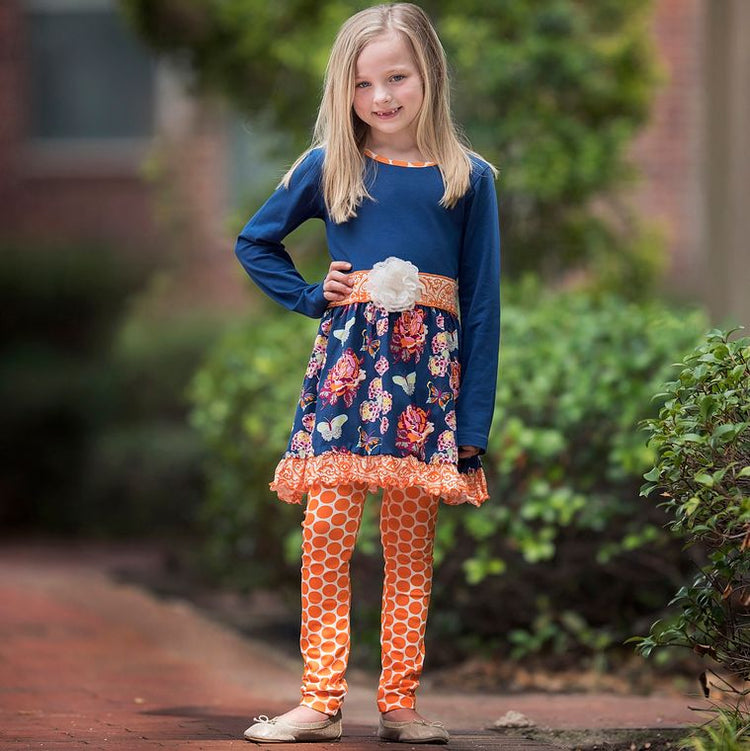 Blue Butterfly Floral Dress Orange Polka Dot Legging Set