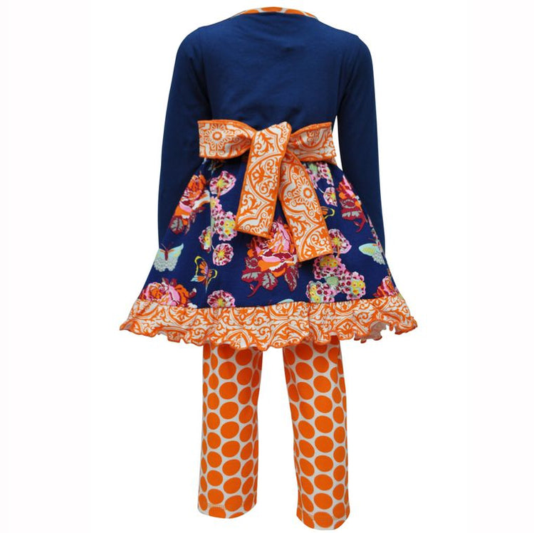 Blue Butterfly Floral Dress Orange Polka Dot Legging Set