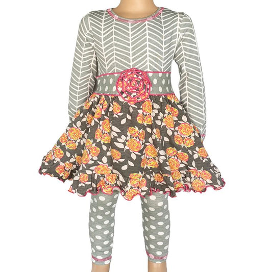 Girls Grey Shabby Floral Herringbone Dress & Polka Dot Leggings