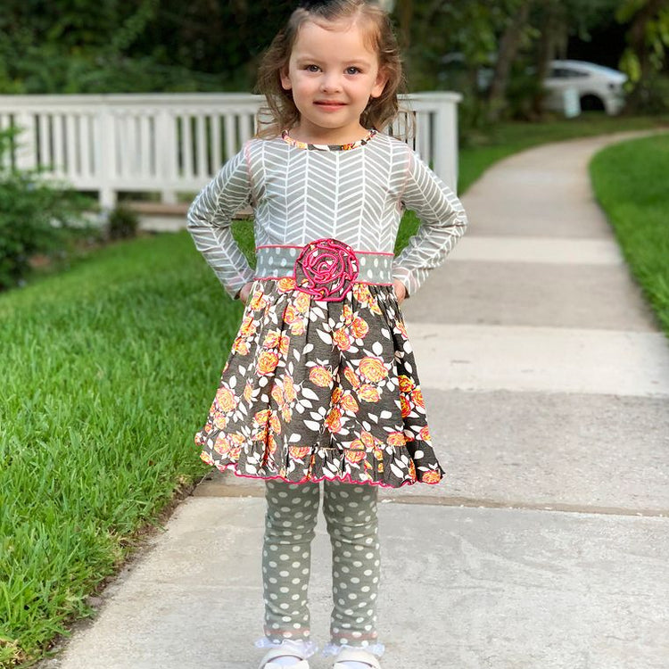 Girls Grey Shabby Floral Herringbone Dress & Polka Dot Leggings
