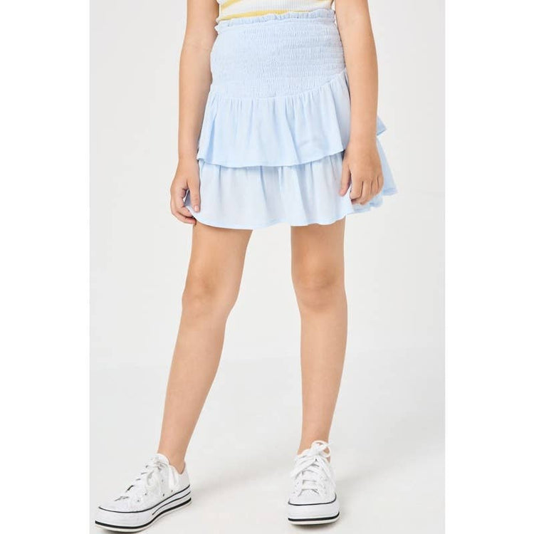 Paperdoll - Girls Smocked Ruffle Tiered Mini Skirt: Denim / L