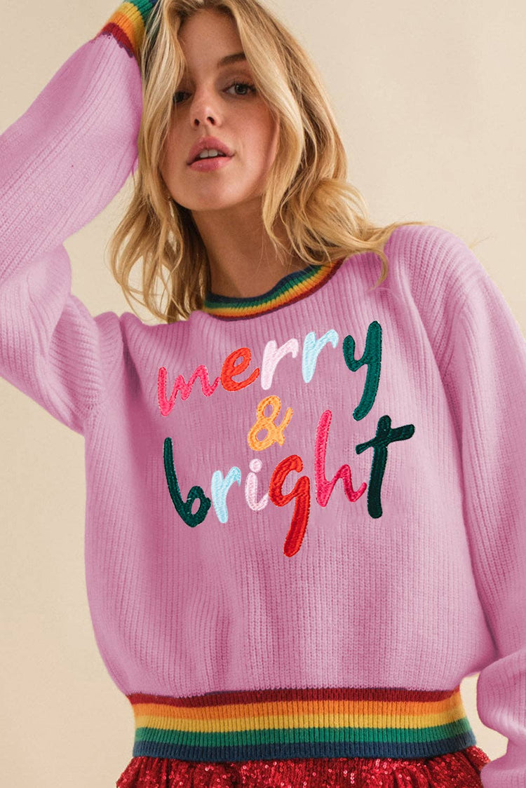 Lovesoft - Bonbon Merry & Bright Colorful Stripes Trim Sweater: Bonbon / 100%Acrylic / L