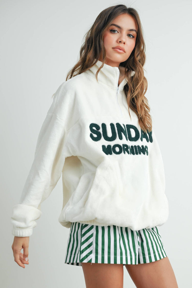 BUTTERMELON - Sunday Morning Half-Zip Pullover Sweatshirt - BMT7579: IVORY / OLIVE / S