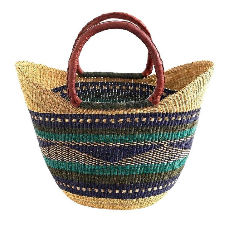 Green & Blue U-Shopper Yikene - Ghana Beach Tote Bag/Basket - Brown Handles: Medium:13"-14" x H: 9"-10"