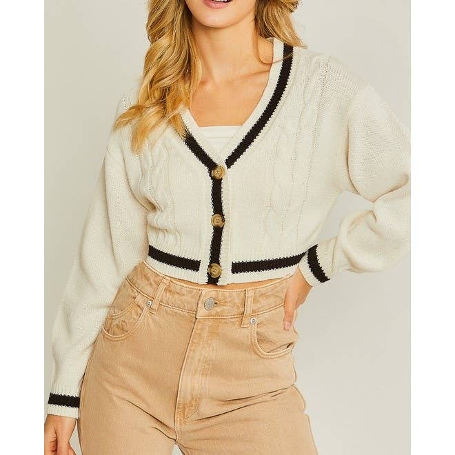 Paperdoll - Striped Trim Cable Knit Crop Cardigan: BLACK / L