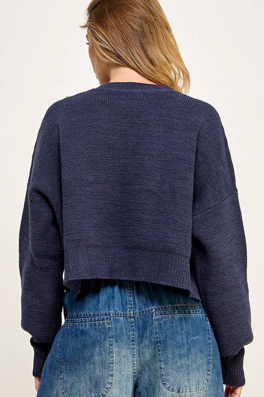 Miss Love - USA CROPPED PULLOVER LETTER SWEATER: Navy / M