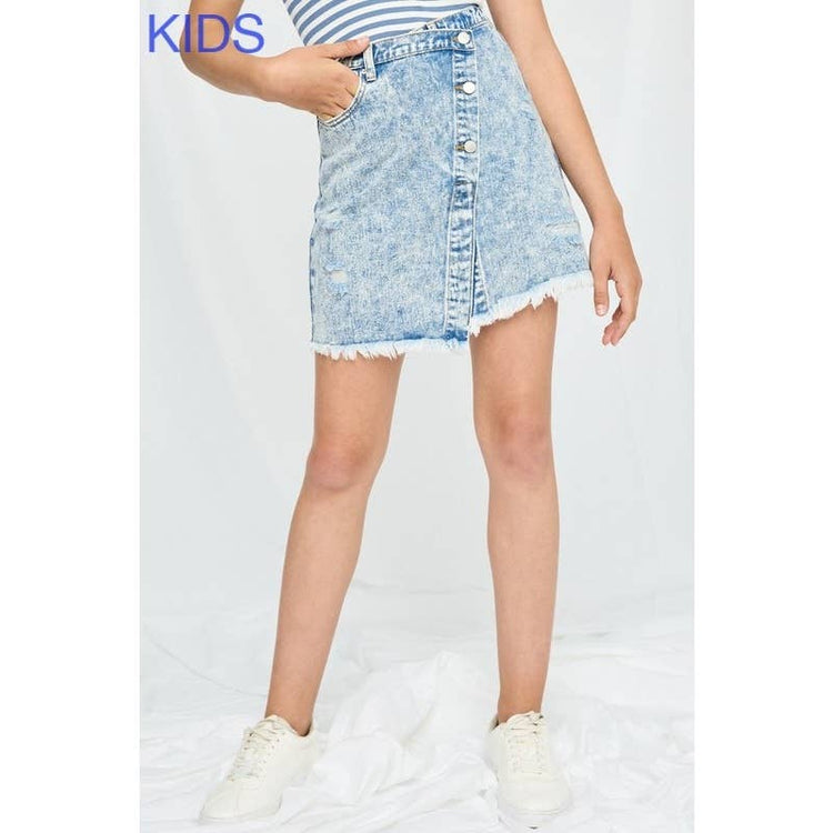 Paperdoll - Girls Distressed Asymmetric Wrap Denim Skirt: Light Denim / L