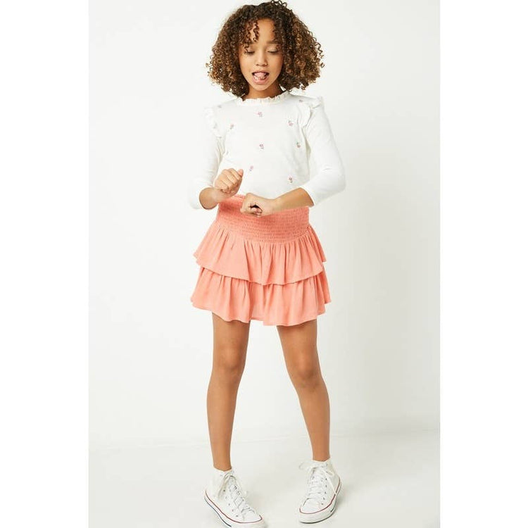 Paperdoll - Girls Smocked Ruffle Tiered Mini Skirt: Denim / L