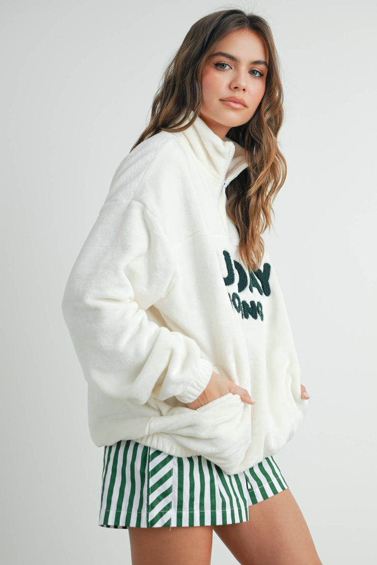 BUTTERMELON - Sunday Morning Half-Zip Pullover Sweatshirt - BMT7579: IVORY / OLIVE / S