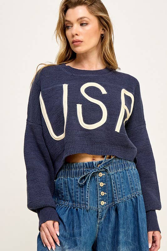 Miss Love - USA CROPPED PULLOVER LETTER SWEATER: Navy / S