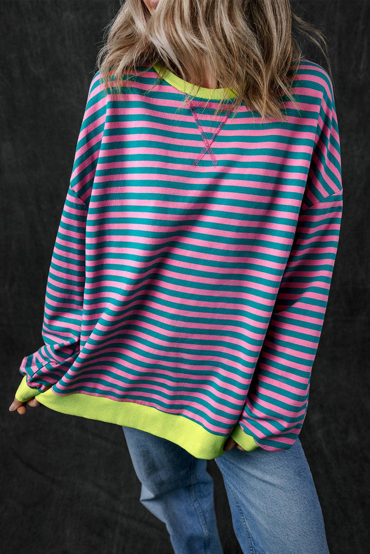 Lovesoft - Stripe Oversized Contrast Trim Pullover Sweatshirt: Green Stripe / 95%Cotton+5%Elastane / S