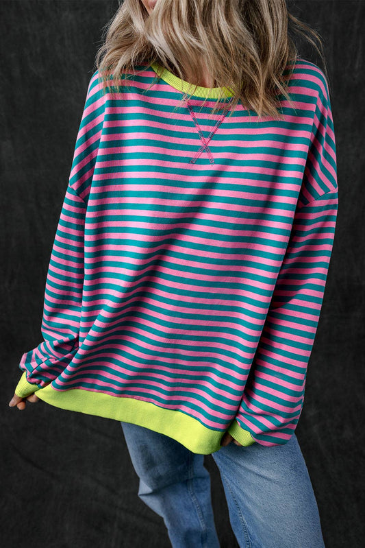 Lovesoft - Stripe Oversized Contrast Trim Pullover Sweatshirt: Green Stripe / 95%Cotton+5%Elastane / XL