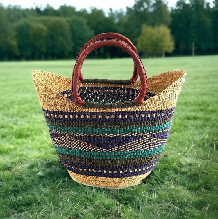 Green & Blue U-Shopper Yikene - Ghana Beach Tote Bag/Basket - Brown Handles: Medium:13"-14" x H: 9"-10"