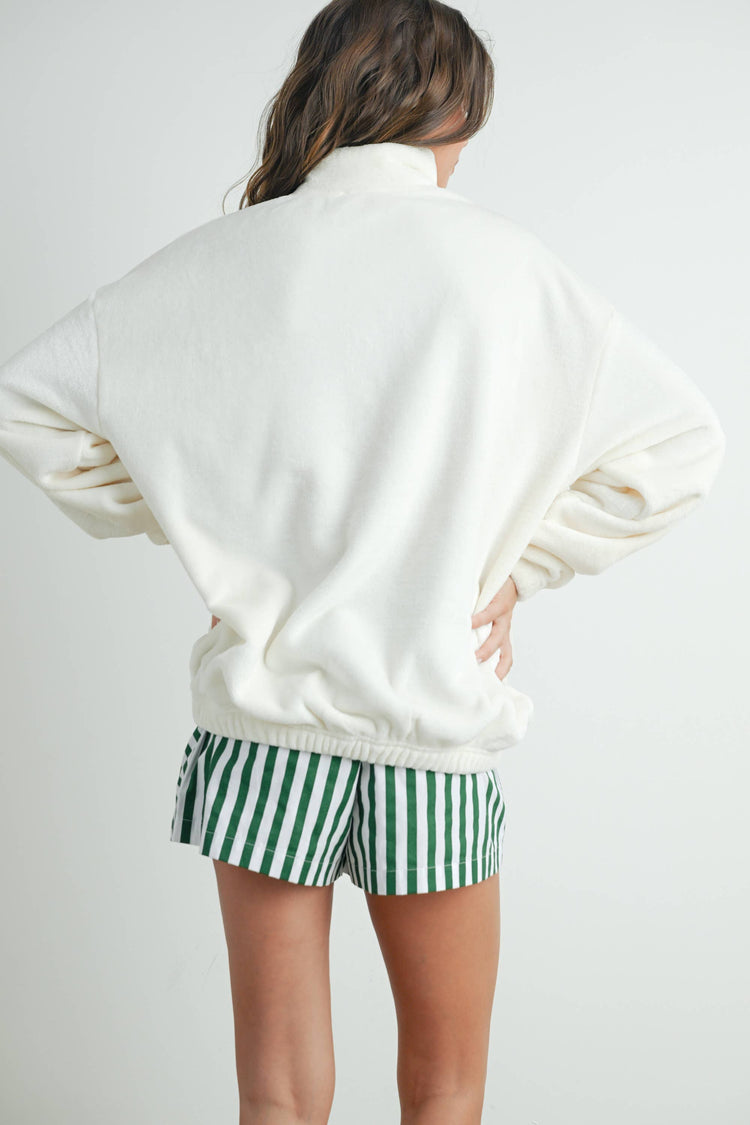 BUTTERMELON - Sunday Morning Half-Zip Pullover Sweatshirt - BMT7579: IVORY / OLIVE / M