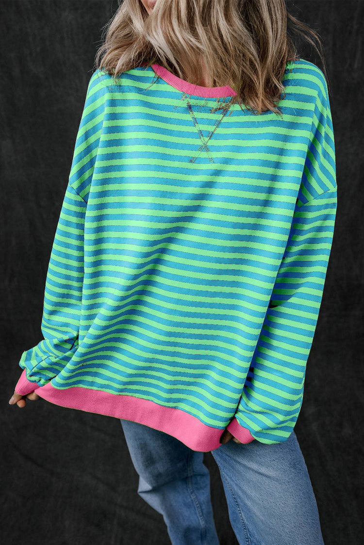 Lovesoft - Stripe Oversized Contrast Trim Pullover Sweatshirt: Green Stripe / 95%Cotton+5%Elastane / XL