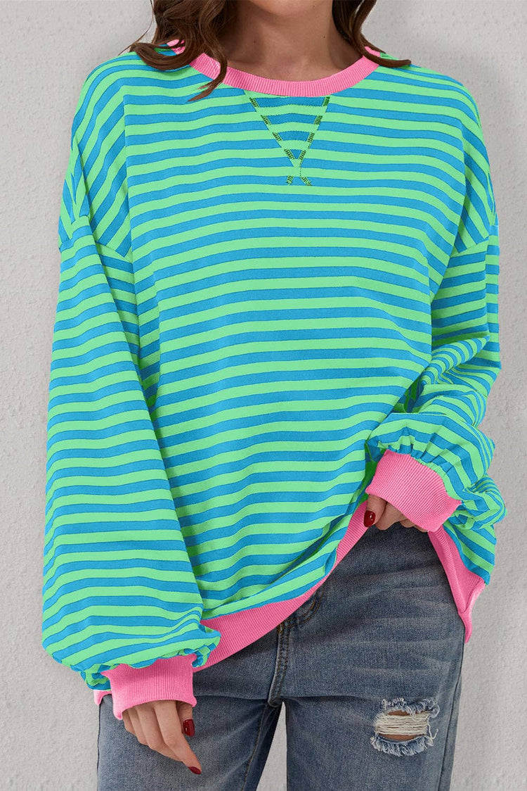 Lovesoft - Stripe Oversized Contrast Trim Pullover Sweatshirt: Green Stripe / 95%Cotton+5%Elastane / XL