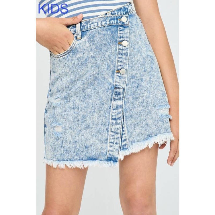 Paperdoll - Girls Distressed Asymmetric Wrap Denim Skirt: Light Denim / S