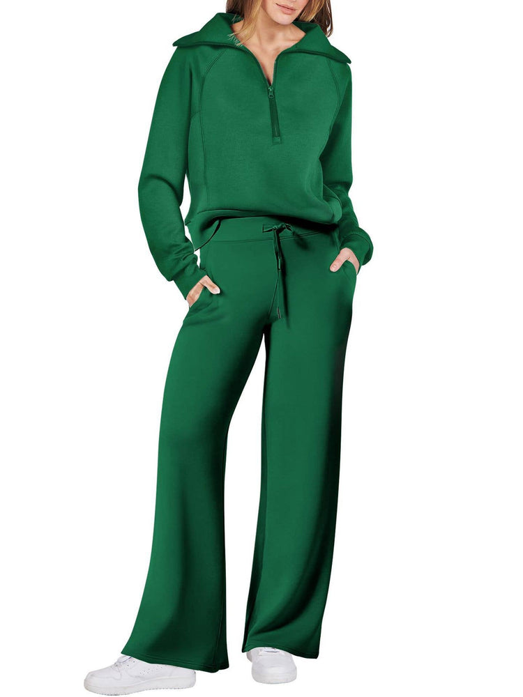 Rosa Clothing - Plain half zip drama collar sweatshirt wide leg pant set: Green / S