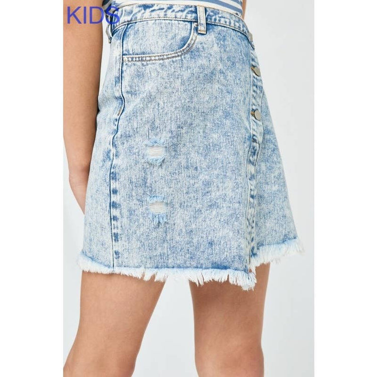 Paperdoll - Girls Distressed Asymmetric Wrap Denim Skirt: Light Denim / L