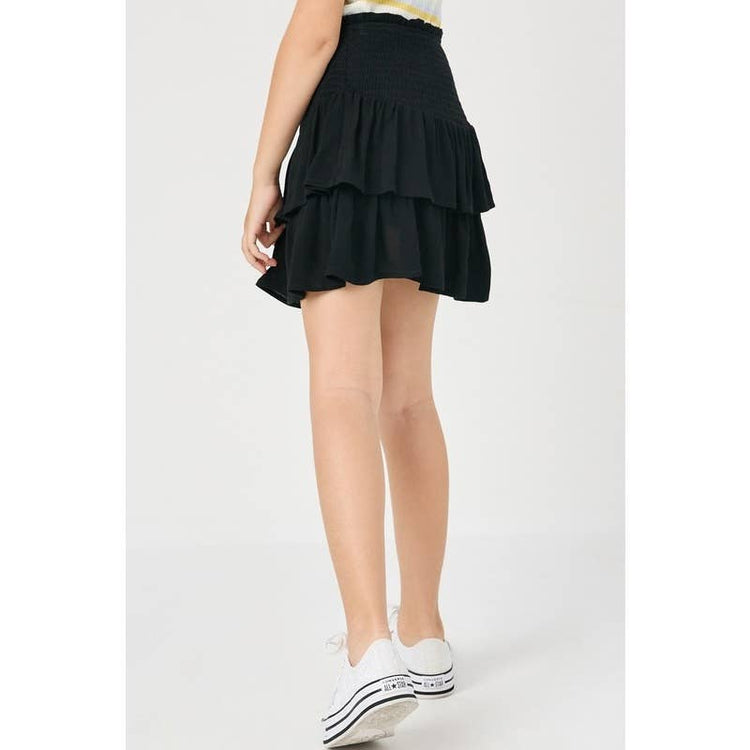 Paperdoll - Girls Smocked Ruffle Tiered Mini Skirt: Denim / S