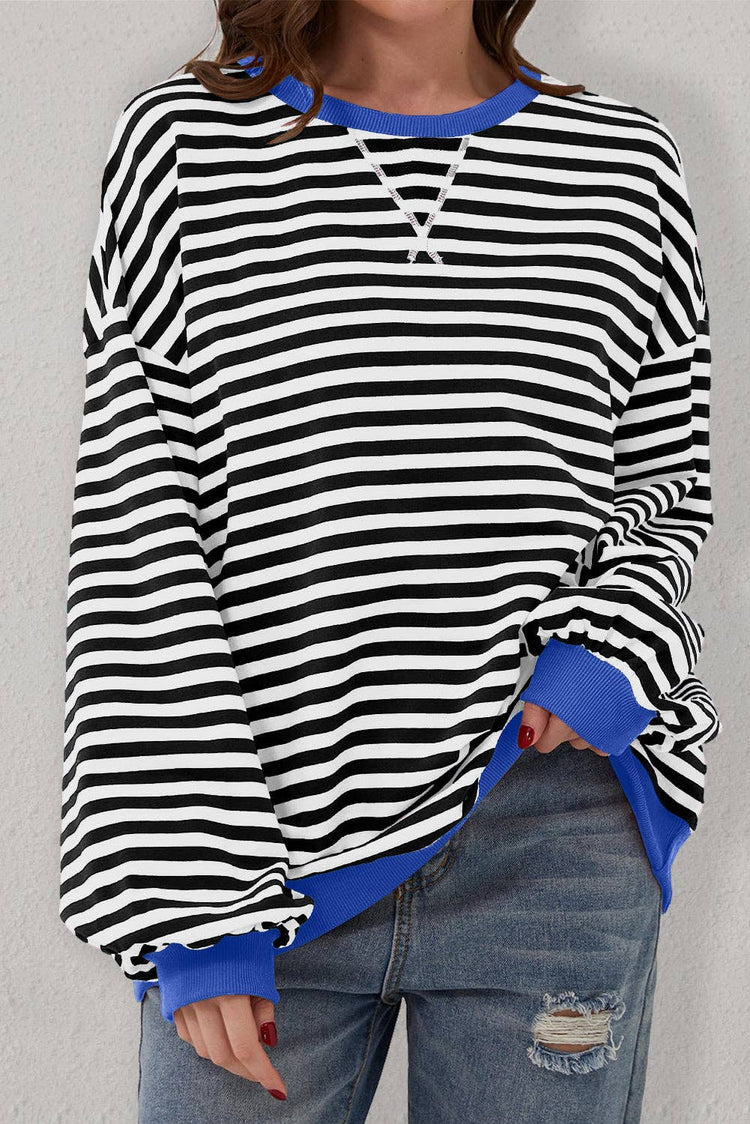 Lovesoft - Stripe Oversized Contrast Trim Pullover Sweatshirt: Green Stripe / 95%Cotton+5%Elastane / XL