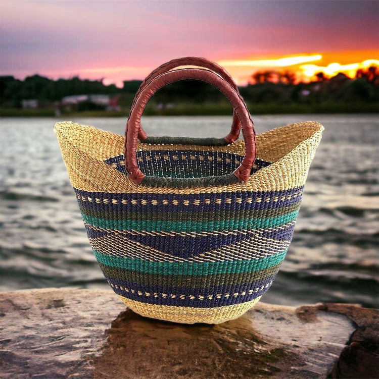 Green & Blue U-Shopper Yikene - Ghana Beach Tote Bag/Basket - Brown Handles: Medium:13"-14" x H: 9"-10"