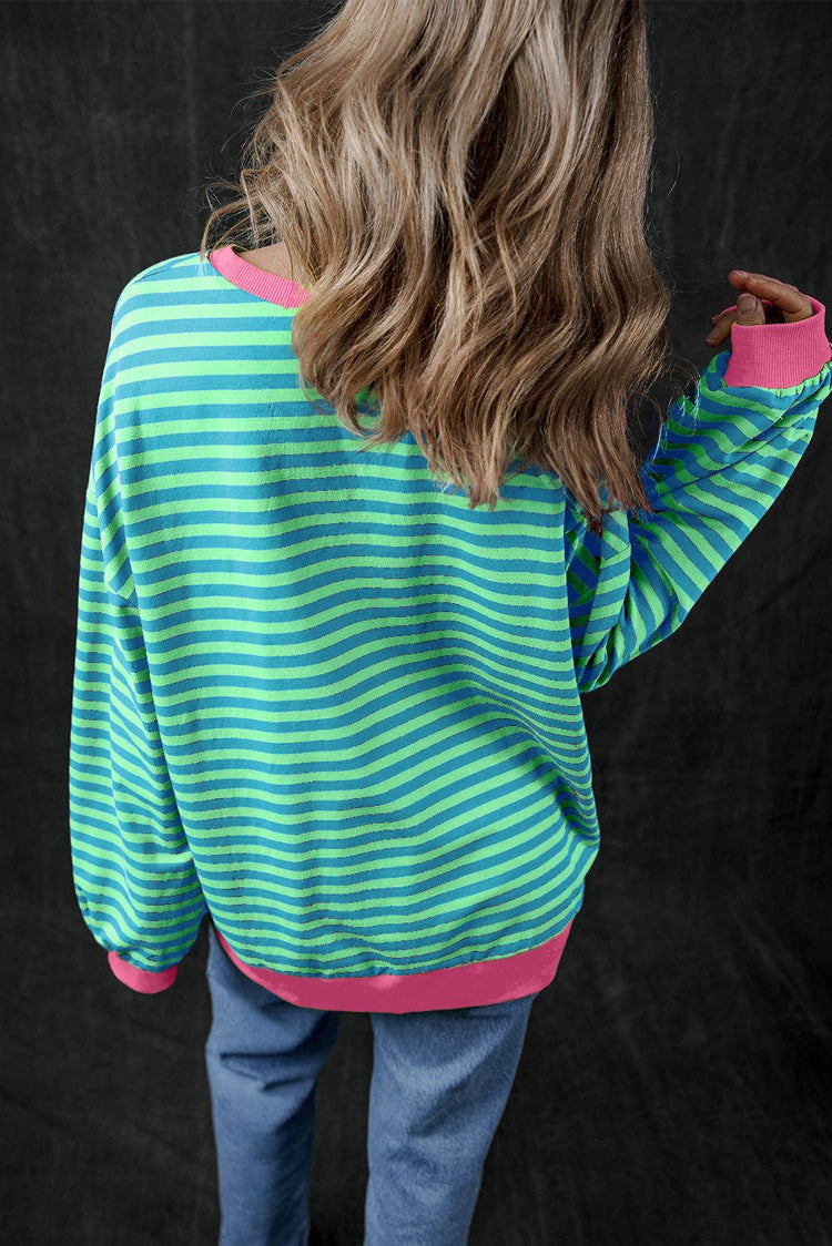 Lovesoft - Stripe Oversized Contrast Trim Pullover Sweatshirt: Green Stripe / 95%Cotton+5%Elastane / XL