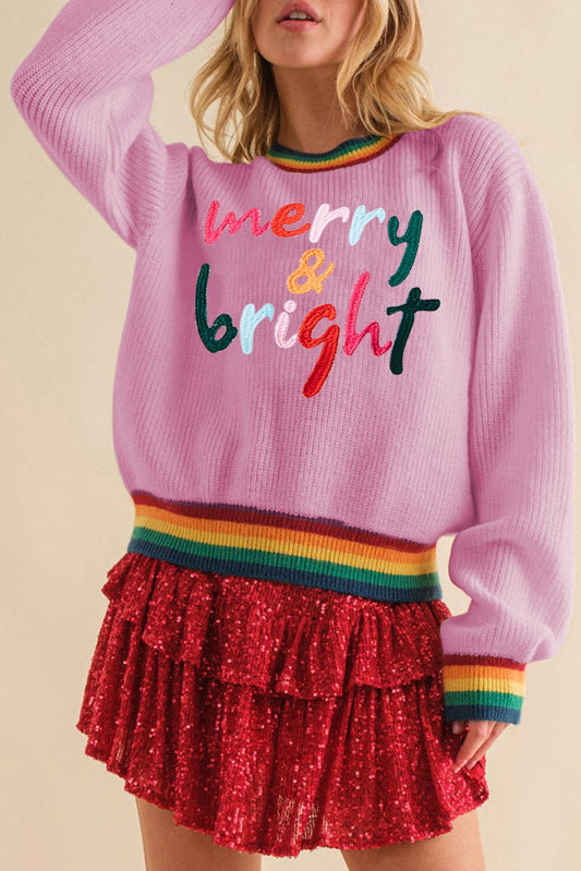 Lovesoft - Bonbon Merry & Bright Colorful Stripes Trim Sweater: Bonbon / 100%Acrylic / L