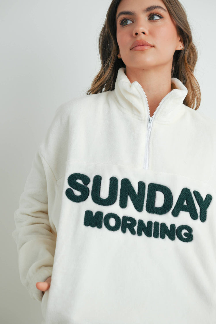 BUTTERMELON - Sunday Morning Half-Zip Pullover Sweatshirt - BMT7579: IVORY / OLIVE / M