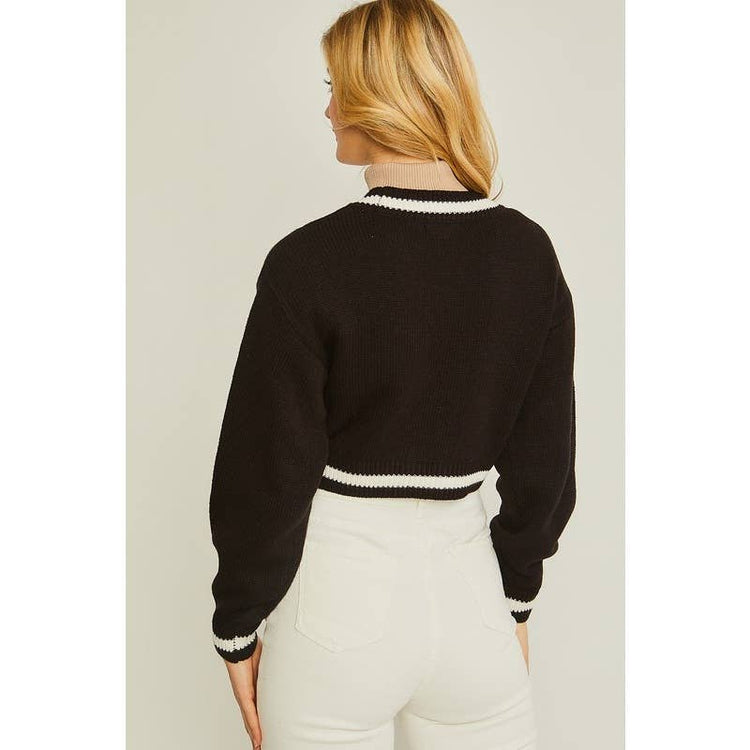 Paperdoll - Striped Trim Cable Knit Crop Cardigan: BLACK / L