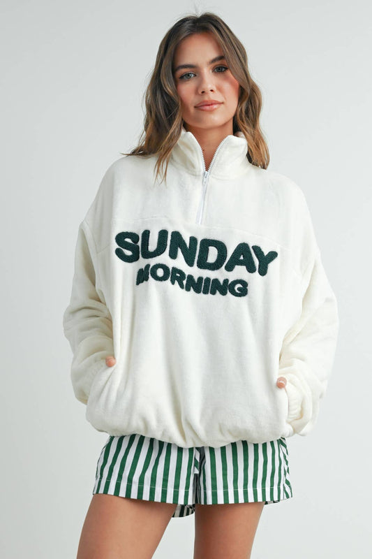 BUTTERMELON - Sunday Morning Half-Zip Pullover Sweatshirt - BMT7579: IVORY / OLIVE / S