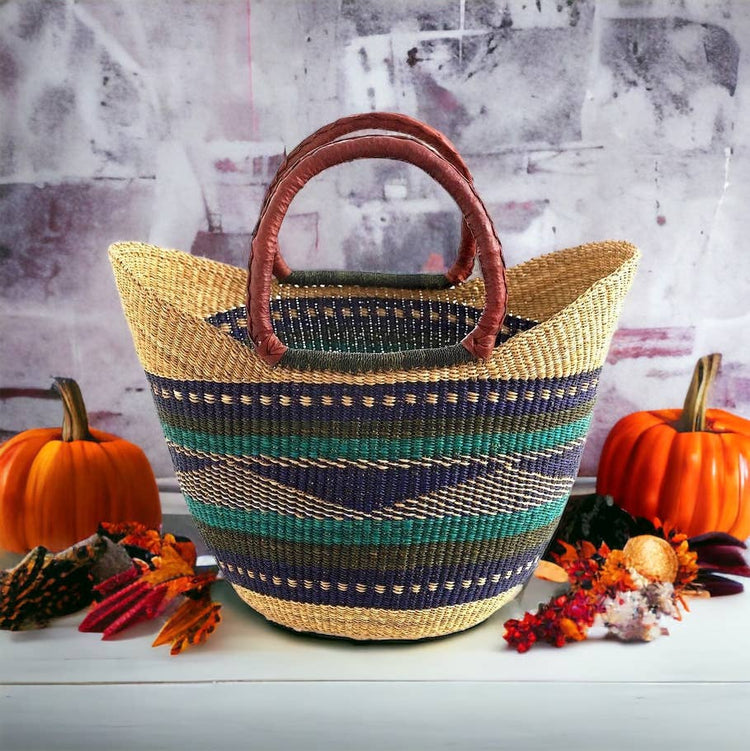 Green & Blue U-Shopper Yikene - Ghana Beach Tote Bag/Basket - Brown Handles: Medium:13"-14" x H: 9"-10"