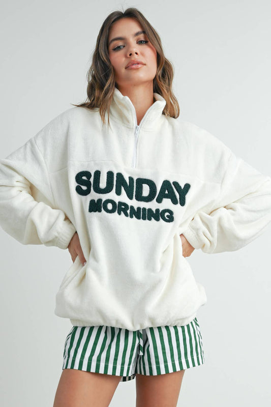 BUTTERMELON - Sunday Morning Half-Zip Pullover Sweatshirt - BMT7579: IVORY / OLIVE / S