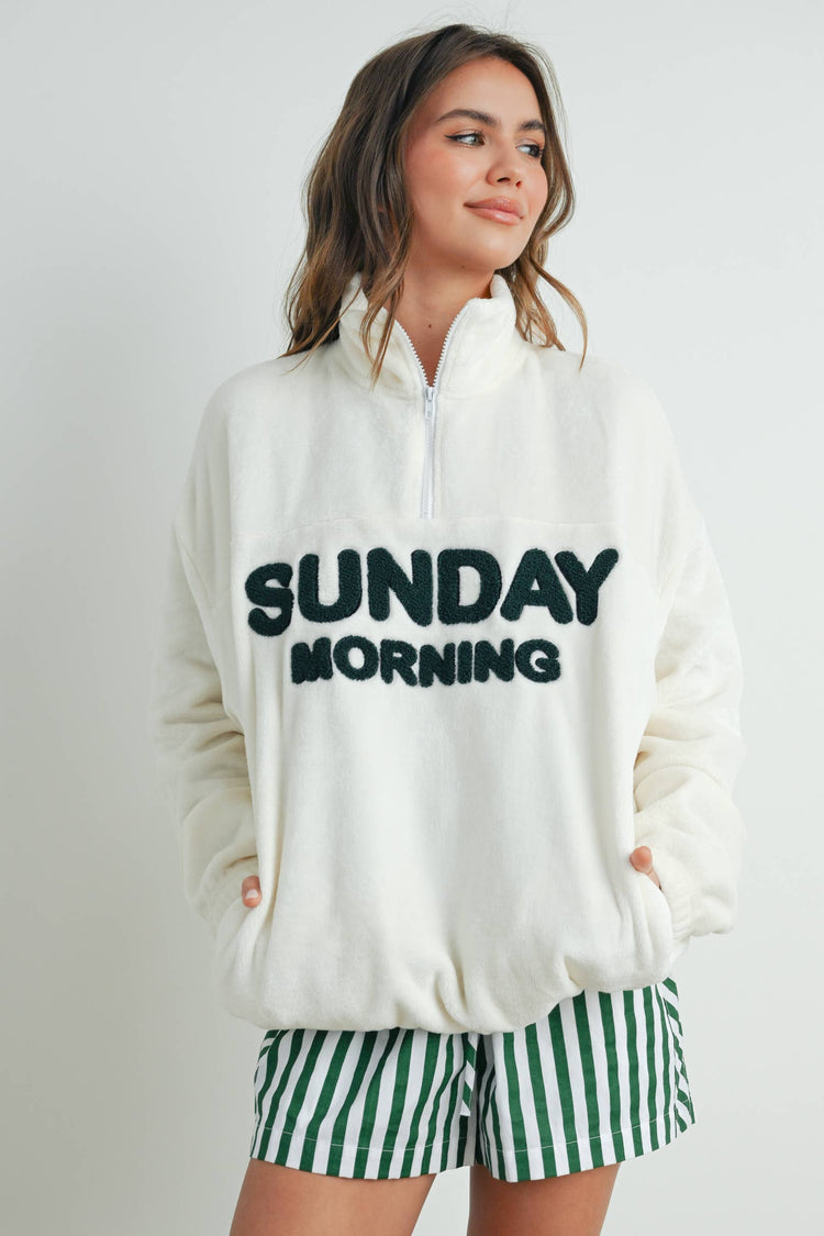 BUTTERMELON - Sunday Morning Half-Zip Pullover Sweatshirt - BMT7579: IVORY / OLIVE / M