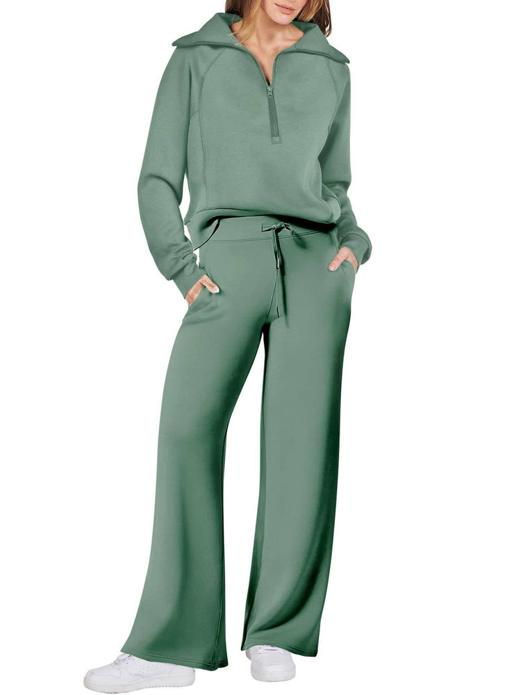 Rosa Clothing - Plain half zip drama collar sweatshirt wide leg pant set: Green / M