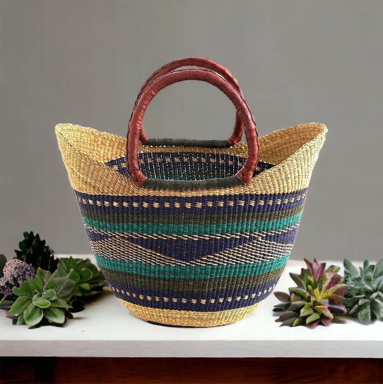 Green & Blue U-Shopper Yikene - Ghana Beach Tote Bag/Basket - Brown Handles: Medium:13"-14" x H: 9"-10"