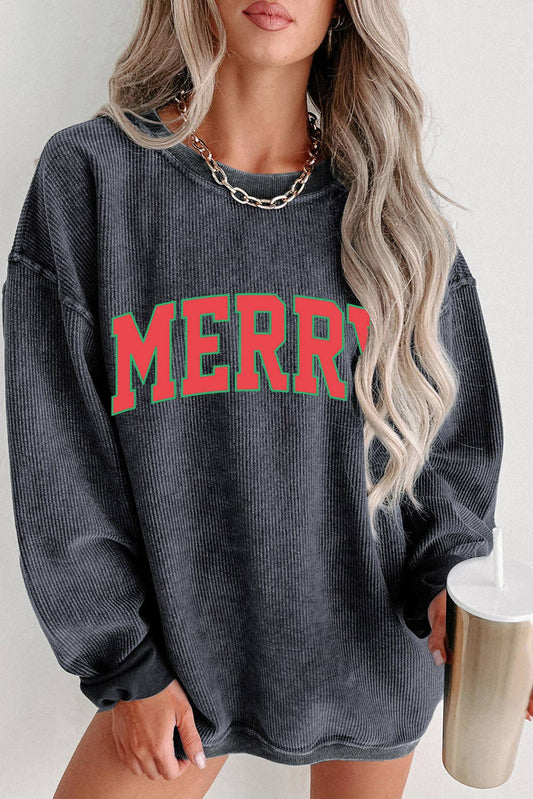 Lovesoft - Gray MERRY Graphic Corded Pullover Sweatshirt: Gray / 100%Polyester / M