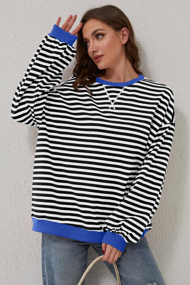 Lovesoft - Stripe Oversized Contrast Trim Pullover Sweatshirt: Green Stripe / 95%Cotton+5%Elastane / XL