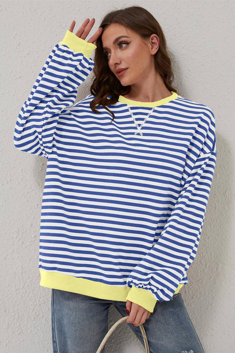 Lovesoft - Stripe Oversized Contrast Trim Pullover Sweatshirt: Green Stripe / 95%Cotton+5%Elastane / XL