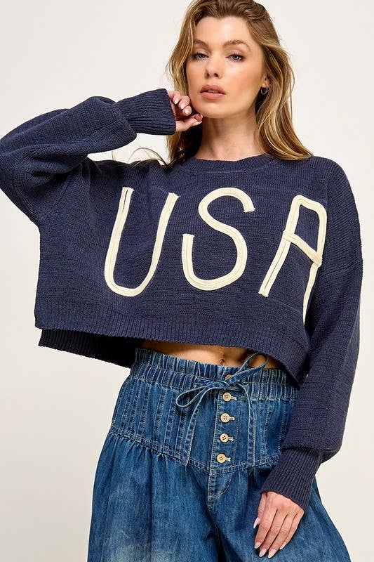 Miss Love - USA CROPPED PULLOVER LETTER SWEATER: Navy / S