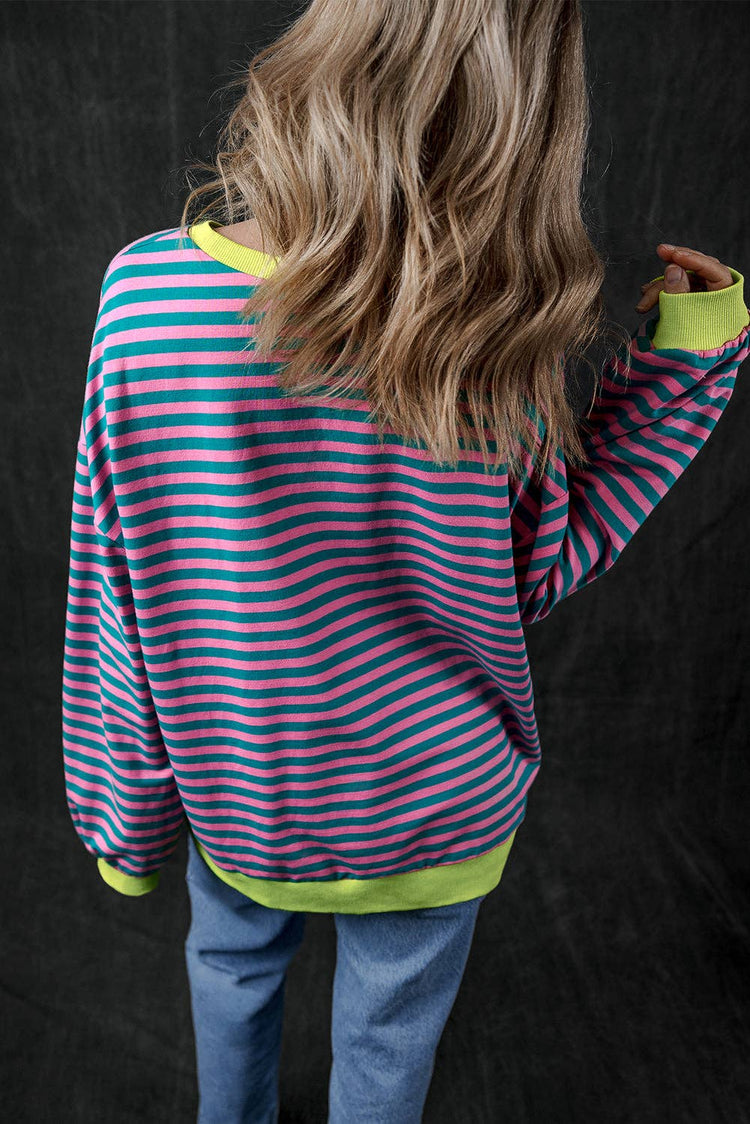 Lovesoft - Stripe Oversized Contrast Trim Pullover Sweatshirt: Green Stripe / 95%Cotton+5%Elastane / L