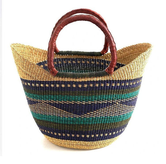 Green & Blue U-Shopper Yikene - Ghana Beach Tote Bag/Basket - Brown Handles: Medium:13"-14" x H: 9"-10"