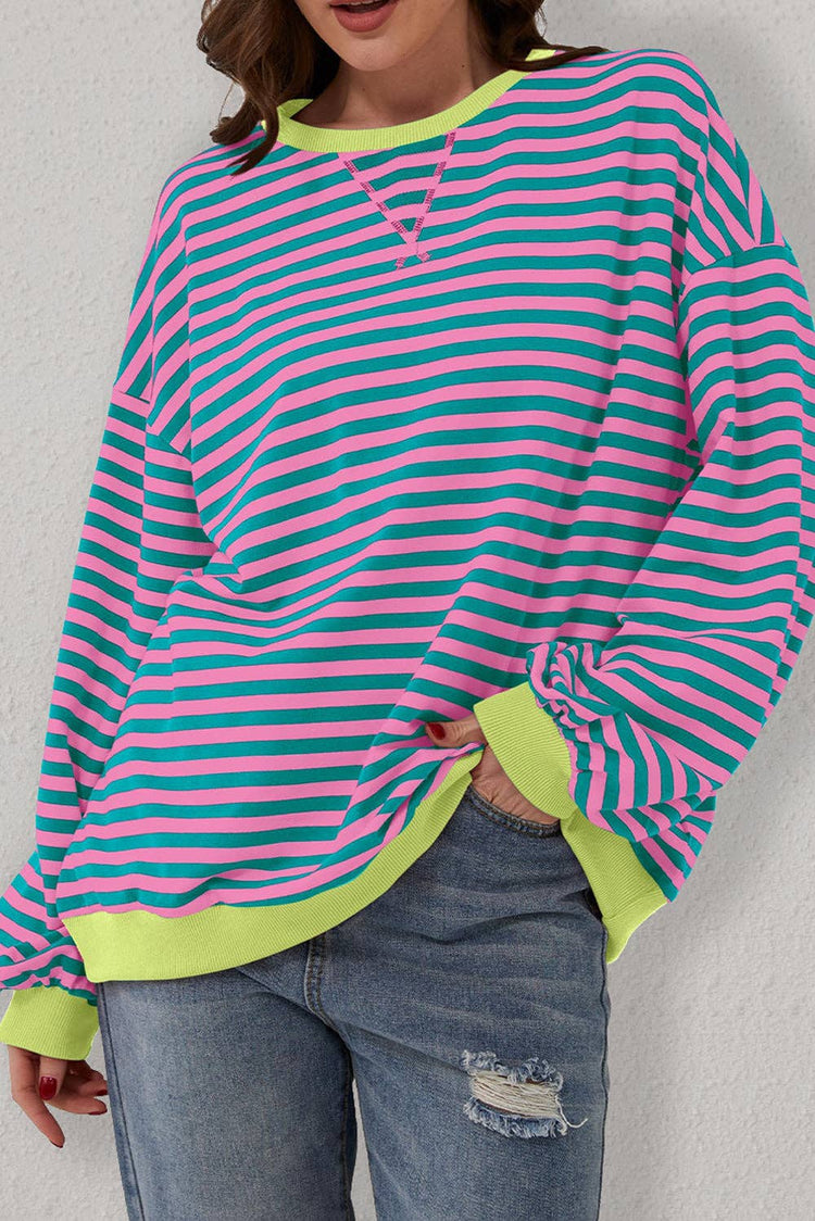 Lovesoft - Stripe Oversized Contrast Trim Pullover Sweatshirt: Green Stripe / 95%Cotton+5%Elastane / M