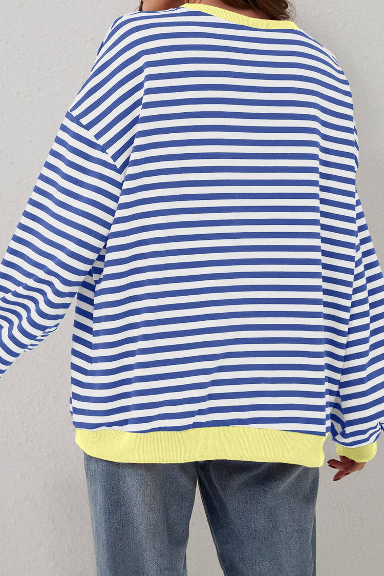 Lovesoft - Stripe Oversized Contrast Trim Pullover Sweatshirt: Green Stripe / 95%Cotton+5%Elastane / XL