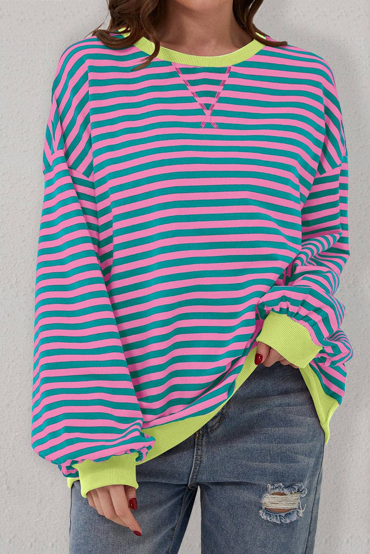 Lovesoft - Stripe Oversized Contrast Trim Pullover Sweatshirt: Green Stripe / 95%Cotton+5%Elastane / L