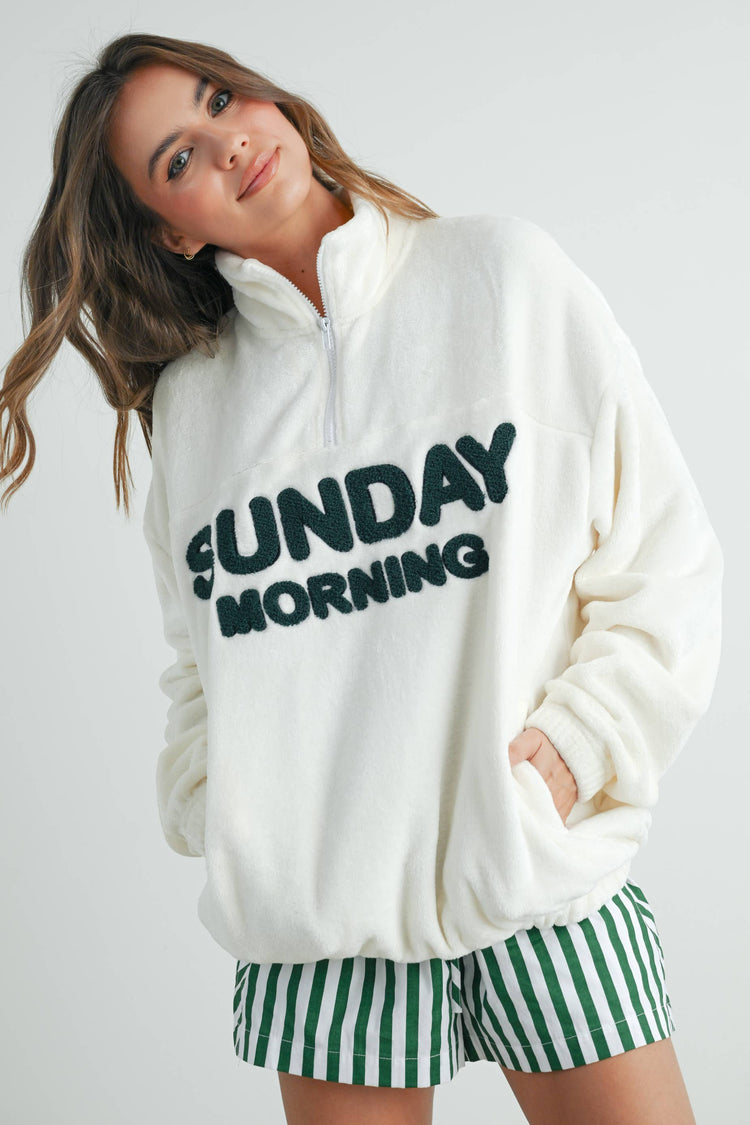 BUTTERMELON - Sunday Morning Half-Zip Pullover Sweatshirt - BMT7579: IVORY / OLIVE / M