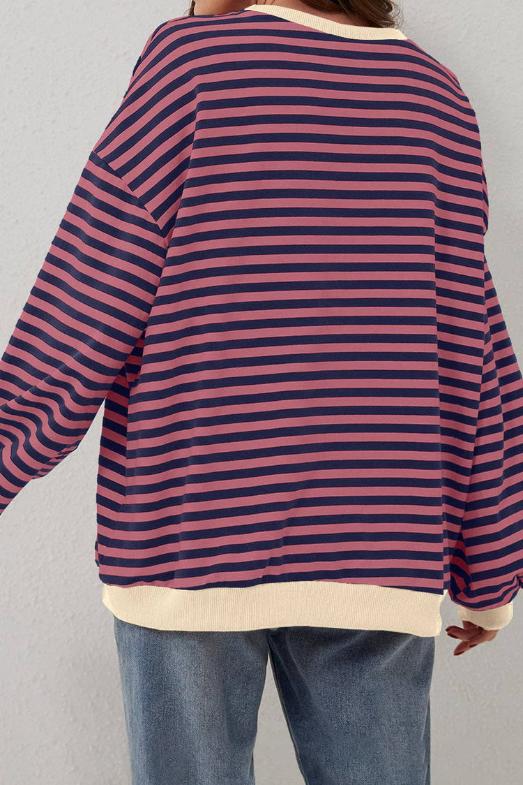 Lovesoft - Stripe Oversized Contrast Trim Pullover Sweatshirt: Green Stripe / 95%Cotton+5%Elastane / XL