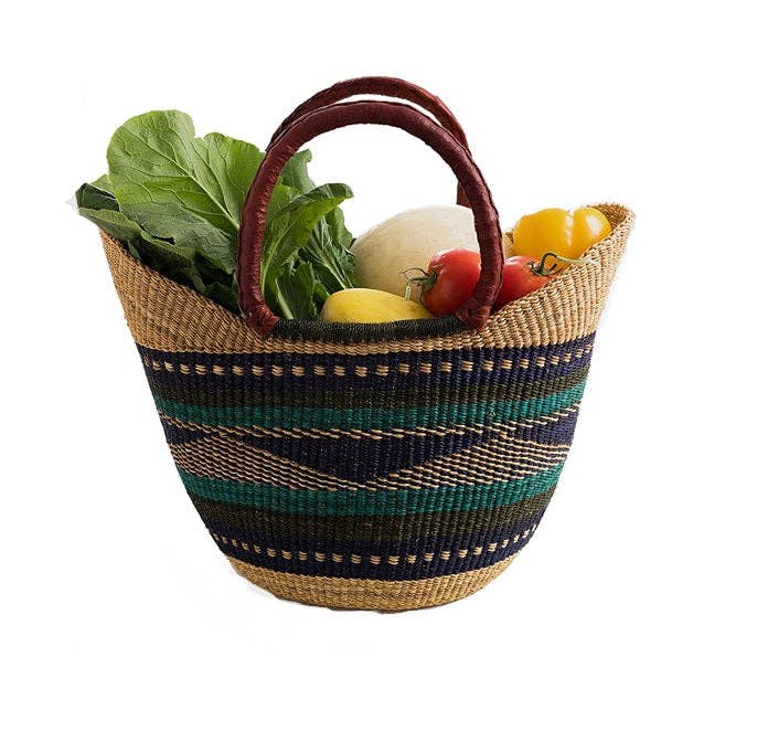 Green & Blue U-Shopper Yikene - Ghana Beach Tote Bag/Basket - Brown Handles: Medium:13"-14" x H: 9"-10"