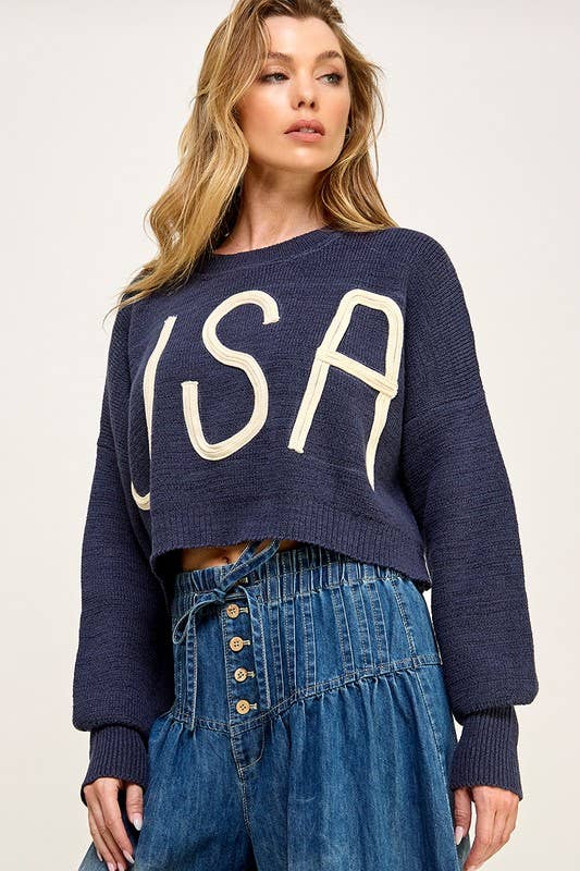 Miss Love - USA CROPPED PULLOVER LETTER SWEATER: Navy / S