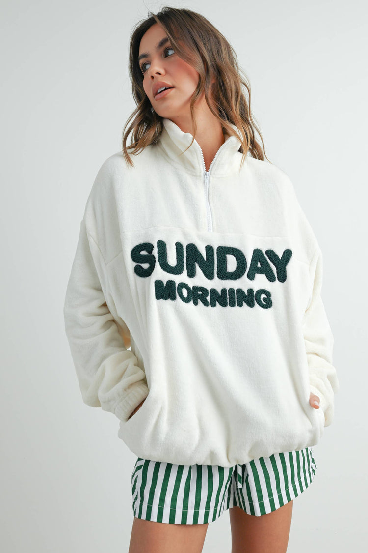 BUTTERMELON - Sunday Morning Half-Zip Pullover Sweatshirt - BMT7579: IVORY / OLIVE / M